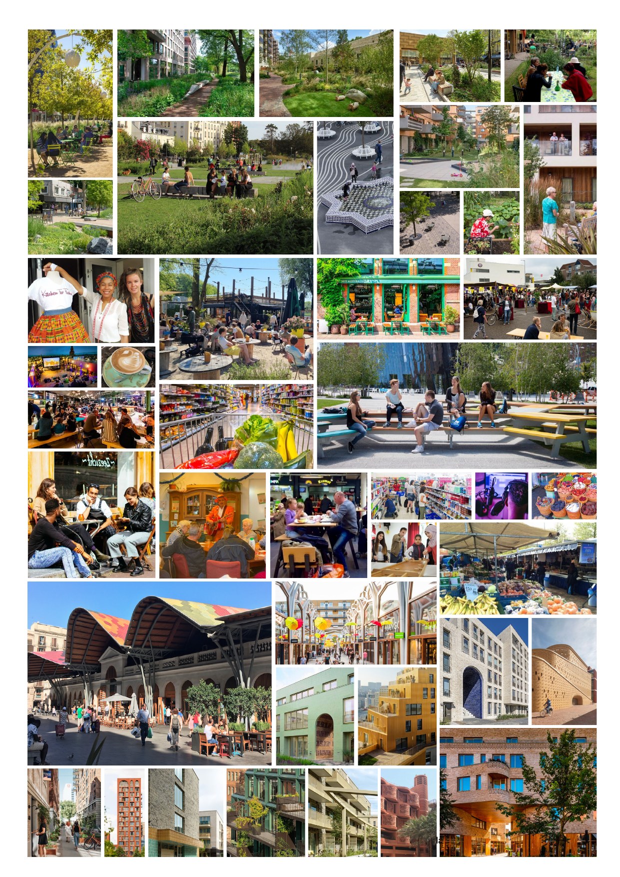 Referentiebeelden uit het beeldkwaliteitsplan: zo zag de gemeente het toekomstige Overvecht Centrum voor zich. Bron: Masterplan Overvecht Centrum – Concept rapport (Gemeente Utrecht / PosadMaxwan, december 2024)