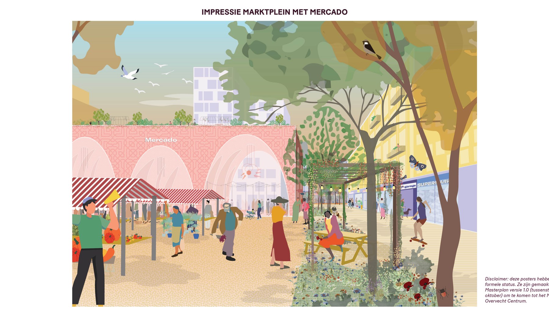 Impressie Marktplein met Mercado — het beloofde nieuwe hart van Overvecht Centrum. Bron: Naslagwerk Masterplanproces Overvecht Centrum, Fase Ontwerpen deel 1 (PosadMaxwan / Gemeente Utrecht, november 2023)